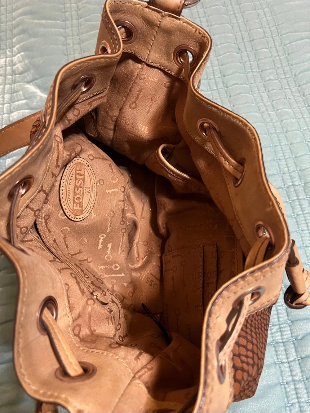 Designer Fossil Maddox Brown & Tan Drawstring Shoulder Bag